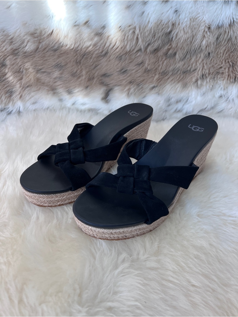 UGG Black Suede Wedge Espadrille Sandals with Rope Platform